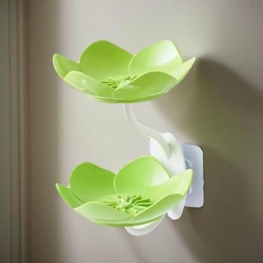 Imagem de Caixa de sabão de drenagem montada na parede camada dupla em forma de flor de lótus saboneteira removível armazenamento antiderrapante acessórios de banheiro autoadesivos (verde)