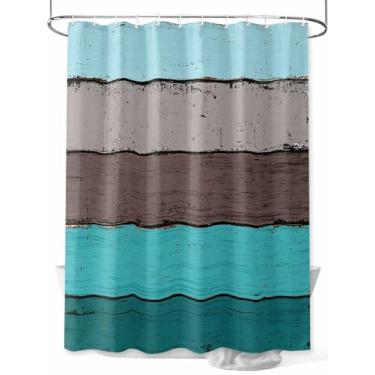 Imagem de Cortina de chuveiro de grão de madeira Aqua Blue Farmhouse, vintage, marrom, listrada, impermeável, lavável, conjunto de cortinas de banheiro para decoração de banheiro, 91 x 182 cm de comprimento,