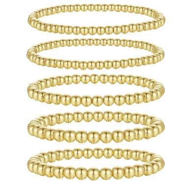 Imagem de XIANNVXI Pulseira feminina com contas banhadas a ouro 14K 14 K com contas elásticas empilháveis e elásticas, conjunto moderno, joias delicadas, Medium, Sem Pedra Preciosa