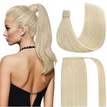 Imagem de Extensões de cabelo de rabo de cavalo loiro platinum VeSunny cabelo humano liso sedoso, 40,64 cm, extensões de cabelo loiro com rabo de cavalo loiro 80 g
