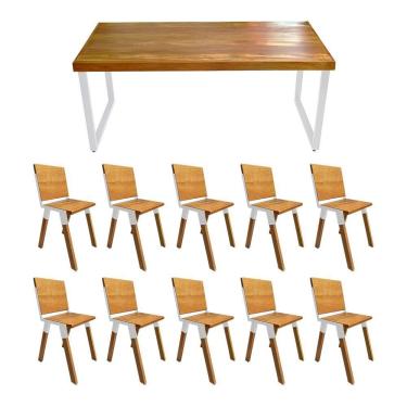 Imagem de Conjunto Mesa Industrial Bernardo Madeira Maciça 2,50mx100cm C-ferragem Branca E 10 Cadeiras Detroit Marrom