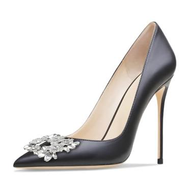 Imagem de Qunvngutui Sapato feminino bico fino boca rasa sexy fivela quadrada strass 10 cm salto agulha sem cadarço festa de casamento banquete tamanho grande, Poliuretano preto, 40