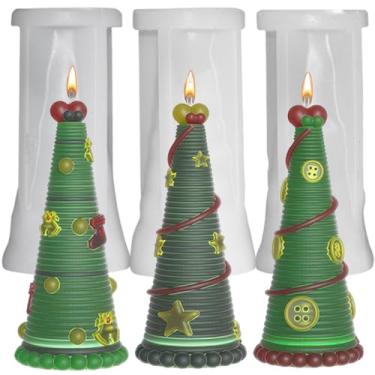 Imagem de Pacote com 3 moldes de silicone para vela de árvore de Natal, moldes de silicone para árvore de Natal 3D com botões de estrela de sino para fundição de resina epóxi, vela de argila, sabonete, cera