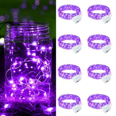 Imagem de chzk Luzes de fada operadas a pilha, 1 m, 20 luzes de LED, mini cordão de luzes cintilantes para decoração de mesa de centro de mesa de Natal Helloween Mason Jars (8, roxo)