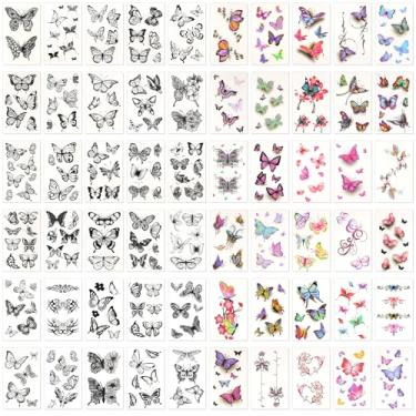 Imagem de 60 folhas de tatuagens temporárias de borboleta, à prova d'água, tatuagens de borboleta, arte corporal, adesivos de rosto para mulheres, olhos, maquiagem, decoração, lembrancinhas de festa
