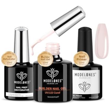 Imagem de modelones Desidratador de unhas e primer com gel Builder, 3 peças de cobertura rosa nude LED gel Builder base de esmalte preparação desidratação e cola Primer para construção Apex espessamento 10 ml