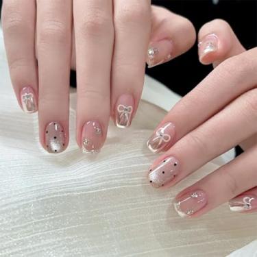 Imagem de Pressionar unhas curtas quadradas francesas olho de gato com cola falsa com design de laço fofo strass, cobertura total, bastão falso artificial em unha de acrílico para mulheres, 24 peças