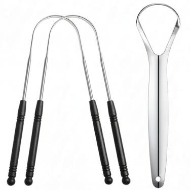 Imagem de Raspador de língua de metal para adultos, raspadores de língua de aço inoxidável com estojos de viagem, ferramenta de limpeza oral reutilizável para hálito fresco e higiene da língua, conjunto de