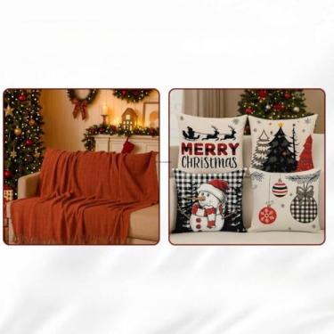 Imagem de Manta Sofa, Kit Capas de Almofada Digital Natalina Decoração Natal Sala(Manta Terracota + Encanto Verm)