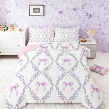 Imagem de Feelyou Conjunto de cama com laço floral roxo macio para meninos e meninas, conjunto de edredom fofo com laço, tamanho solteiro, kawaii, microfibra, jardim, flor, decoração de quarto, 2 peças com 1