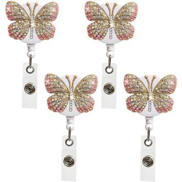 Imagem de 4 peças, clipe de crachá de borboleta, strass, carretel de crachá de enfermeira, retrátil, de nylon, carretel para identidade, strass com clipe jacaré, para professores, estudantes, vários (rosa)