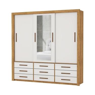 Imagem de Guarda Roupa Roupeiro Anjos 3 Portas De Correr Com Espelho Central 9 Gavetas Carioca Cinamomo Off White