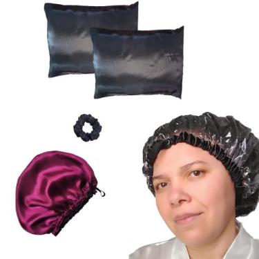 Imagem de Kit 01Touca Plástica Forrada Com cetim +01Touca Nero Dupla face+02Fron