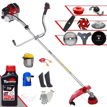 Imagem de Roçadeira Toyama RT43L 1,7HP 43cc + Facas 2 Pontas, 3 Pontas, 6 Pontas, 40 Dentes Vídea, 80 Dentes, Trimmer, Carretel e Escova + EPI + ÓLEO TOYAMA 2T