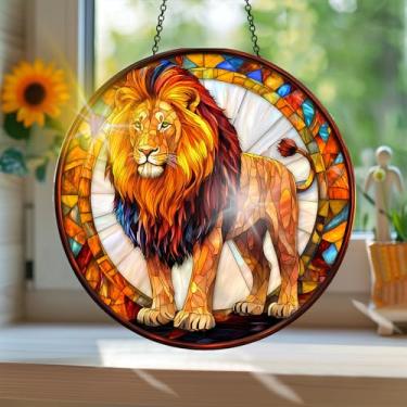 Imagem de Apanhador solar de acrílico colorido, estilo vitral com estampa de leão animal com reflexos de arco-íris, arte de parede para decoração de janela suspensa, ornamentos de Natal para uso interno e