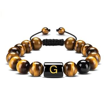 Imagem de Pulseira com iniciais A-Z 10 mm Natural Preto Ônix Olho de Tigre Pulseira de Corda Trançada para Homens Pulseira de Letra (G)