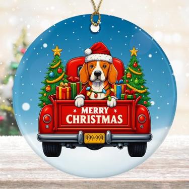Imagem de DamienBrightGift Enfeite de Natal Beagle Dog Santa - Caminhão vermelho de cerâmica com decoração de árvore - Presente de lembrança de feriado para amantes de cães fofos - Decoração de Natal para 2025