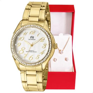 Imagem de Kit Relógio Feminino Champion Ana Hickmann Analógico Dourado AH20015H Cristais