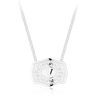 Imagem de Holylegend Colar com pingente de letra inicial banhado a ródio com fivela de cinto em relevo, colar com inicial Western Cowgirl para mulheres, compre 1 e ganhe 2 correntes, joia personalizada para
