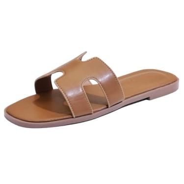 Imagem de Sandálias rasteiras femininas, chinelos femininos de couro, confortáveis e elegantes, chinelos elegantes para o verão, outono, primavera, bico aberto, casual, uso casual, Marrom, 40