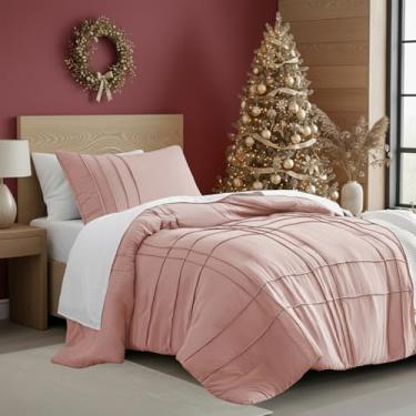 Imagem de Conjunto de edredom solteiro com pregas de beliscar – jogo de cama de 2 peças com padrão quadriculado – microfibra pré-lavada, leve e fofo, tamanho solteiro, rosa, aquecimento para todas as estações