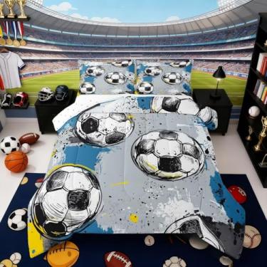 Imagem de Erosebridal Conjunto de edredom de futebol, solteiro, para meninos, crianças, adolescentes, jogos de bola, esportes, amarelo, azul, cinza, graffiti, pinceladas decorativas, enchimento, edredom