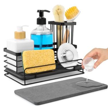 Imagem de DiatZeno Suporte de esponja para pia de cozinha – organizador de pia à prova de ferrugem com suporte de escova alto, base de diatomita de secagem rápida, suporte de esponja de aço inoxidável 304