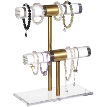 Imagem de Suporte de joias de acrílico, torre transparente, moldura de metal dourado, organizador de barra em T, montagem fácil, suporte de colar de pulseira de 2 camadas para exibição de mesa