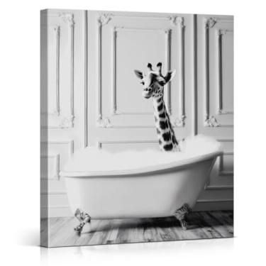 Imagem de Girafa engraçada na banheira decoração de parede preto e branco animal banheiro impressão pôster moderno girafa decoração de parede para banheiro tela emoldurada 20x25