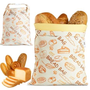 Imagem de Sacos de pão reutilizáveis de cera de abelha de linho (pacote com 2), sacos de pão de cera de abelha para fermento caseiro, saco de armazenamento de alimentos de linho de algodão, mantendo-se fresco e