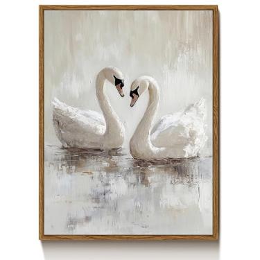 Imagem de Arte de parede em tela de cisnes gêmeos vintage elegante um par de pintura a óleo cisne branco no lago decoração de parede clássica moderna pôster impresso arte para sala de estar quarto banheiro