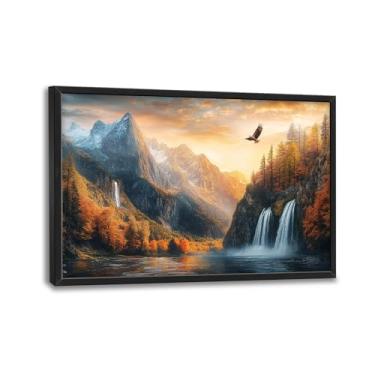 Imagem de Arte de parede grande emoldurada para sala de estar, decoração de parede em tela de cachoeira de montanha, pintura de imagens de árvores de floresta, arte moderna para quarto e escritório 91 cm x 61