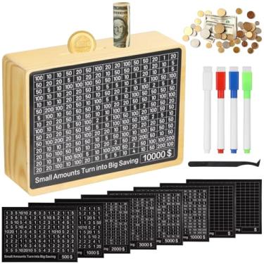 Imagem de Cofrinho para adultos com rastreador de objetivos, caixa de dinheiro de madeira com adesivos para economia, compartimentos duplos para e dinheiro, sem necessidade de montagem