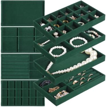 Imagem de Organizadores de gaveta de joias de veludo em verde escuro, conjunto de 4 bandejas de armazenamento com divisórias destacáveis, empilháveis para organizar anéis, colares, pulseiras, brincos