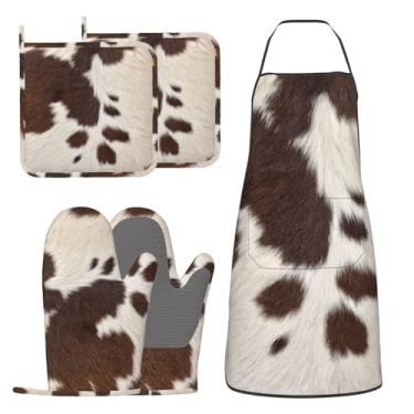 Imagem de HEROARMOUR Luvas de forno com estampa de vaca, aventais de cozinha, conjunto de 5 luvas de silicone marrom de vaca ocidental, avental com estampa de vaca, antiderrapante, resistente ao calor para