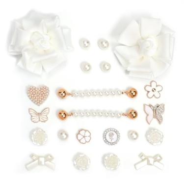 Imagem de Conjunto de 22 peças de berloques de sapato fashion para sandálias de tamanco femininas, flores de tecido, correntes de pérolas, acessórios de strass e pérolas para meninas decoração de sapatos DIY