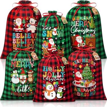 Imagem de 6 unidades de sacos de presente de Natal com cordão de tamanhos variados com etiquetas, sacos grandes de estopa para presente de Natal, em tecido de algodão, jumbo - vermelho, preto e verde preto