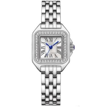 Imagem de Kchss Relógio feminino com mostrador romano, pulseira de aço inoxidável, conjunto de relógio de pulso feminino, Anúncio. Branco prateado, cristal