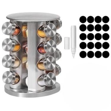 Imagem de Prateleira giratória para temperos 12, 16, 20 potes de vidro Tampas de aço inoxidável Etiquetas Decoração para cozinha (Porta Tempero Completo16 Redon)