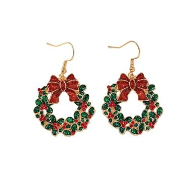 Imagem de Brincos de Natal femininos com laço vermelho, guirlanda verde, pingente de sino de Natal, laço esmaltado, brincos com tema de Natal, joias para festivais e festas de ano novo, Medium, Metal, Sem pedra