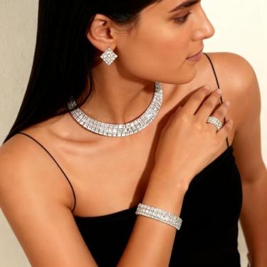 Imagem de Conjunto de colar de gargantilha de strass para mulheres - Joias banhadas a prata para noivas e formaturas, colar de fantasia brilhante, Oversize, Cobre, Sem Pedra Preciosa