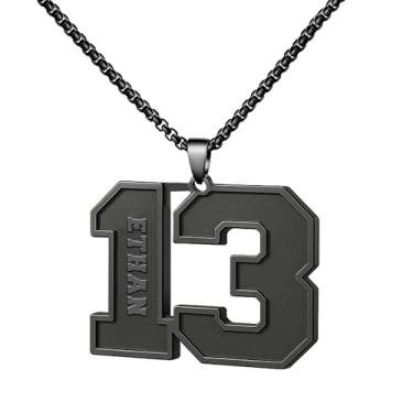 Imagem de Ldurian Colar com nome de número personalizado, pingente de corrente de número esportivo para homens, colares de nome de atletas personalizados 00-99 preto presente de aço inoxidável para homens