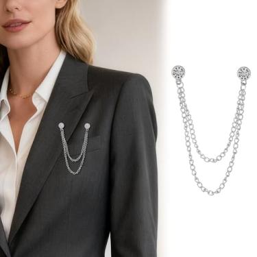 Imagem de Retrô banhado a ouro prata corrente cristal broches redondos colar pinos strass com corrente pendurada terno camisa lapela broche broche jóias moda para homens mulheres, Medium, Cristal, Cristal