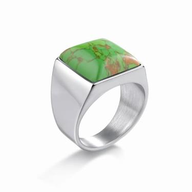 Imagem de Anel de ônix preto quadrado de aço inoxidável para homens, anel turquesa verde/azul para homens, tamanho 7-13, Metal, Turquesa sintética