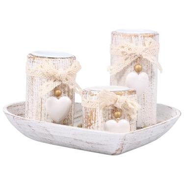 Imagem de ZJRDYYK Castiçal de madeira em forma de coração, 3 peças de castiçais com bandeja para o dia dos namorados, decoração de casamento e jantar, centros de mesa