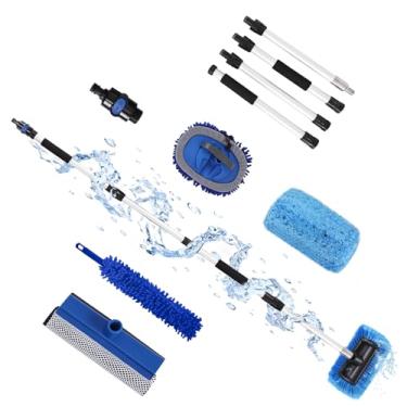Imagem de XCBYT Escova de lavagem de carro com cabo longo, kit de escova de lavagem de RV fluxo de 169 cm com escova de cerdas macias, esfregão de chenille, rodo e espanador, kit de limpeza de carro de poste de