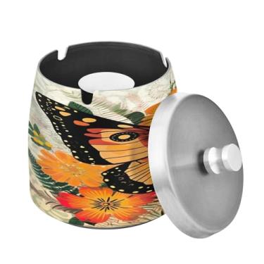 Imagem de Blueangle Cinzeiro de borboleta laranja com tampa para cigarros, à prova de vento/chuva, aço inoxidável, sem fumaça, inodoro, cinzeiro para uso interno ou externo (411)
