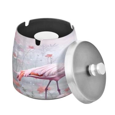 Imagem de Blueangle Cinzeiro de flamingos rosa com tampa para cigarros, à prova de vento/chuva, aço inoxidável, sem fumaça, inodoro, cinzeiro para uso interno ou externo (488)
