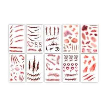 Imagem de Pacote com 10 tatuagens temporárias para cicatrizes de Halloween, adesivos de tatuagem à prova d'água para mulheres, homens, adultos, cosplay, festa, maquiagem