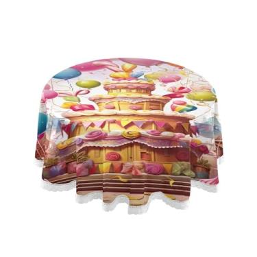Imagem de SEHANY Toalha de mesa redonda para festa de feliz aniversário de 152 cm, tecido lavável sem rugas, toalha de mesa redonda com decoração de renda para decoração de aniversário de restaurante